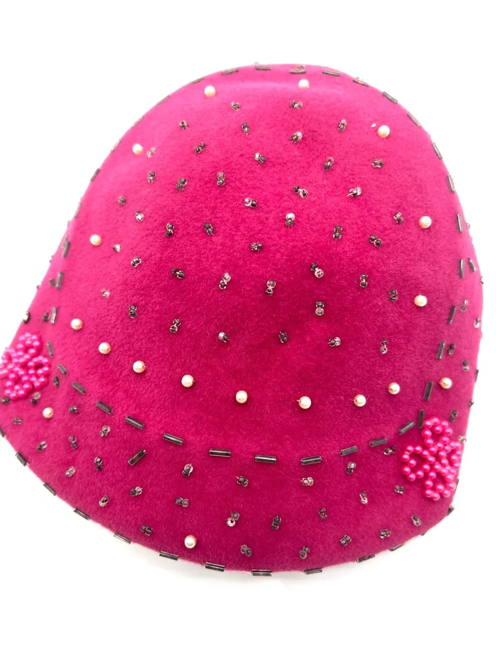Vintage Lee Pink Genuine Velour Beaded Cocktail Hat Pearls Floral 1940s mid cent